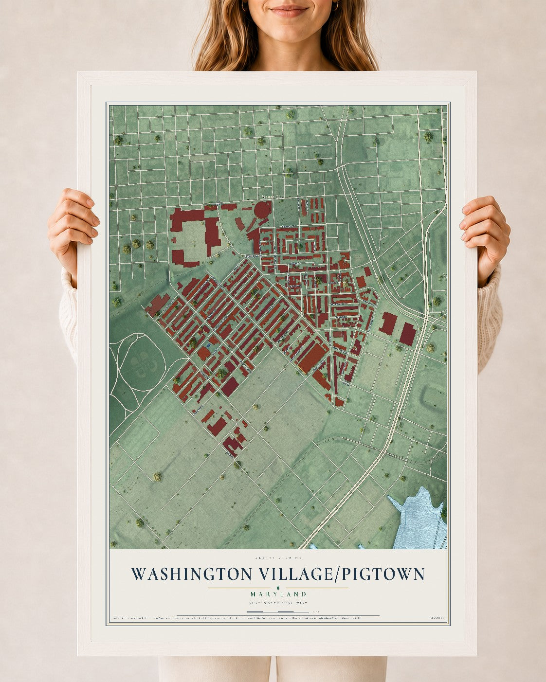 Map of Washington Village-Pigtown, Maryland, 24 x 36 inch print in a white wood frame