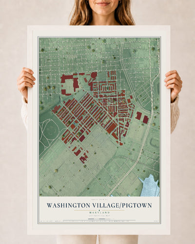 Map of Washington Village-Pigtown, Maryland, 24 x 36 inch print in a white wood frame
