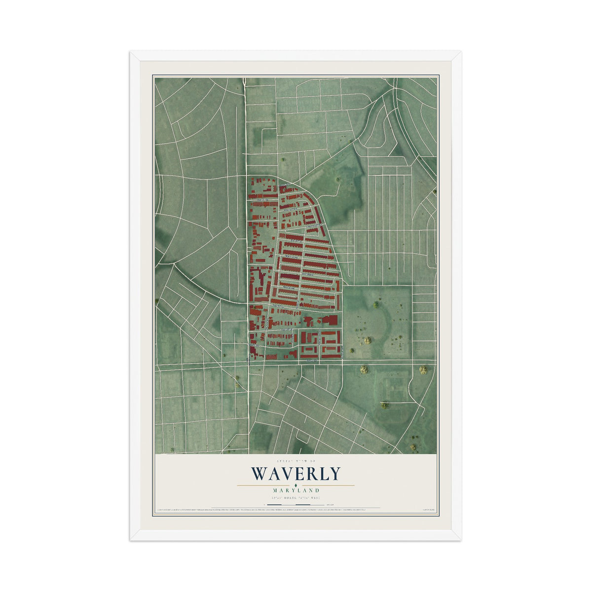 Map of Waverly, Maryland, 12 x 18 inch print in a white wood frame