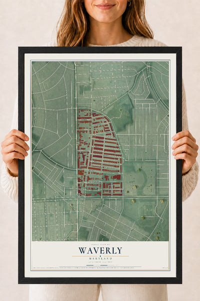 Map of Waverly, Maryland, 18 x 24 inch print in a black wood frame