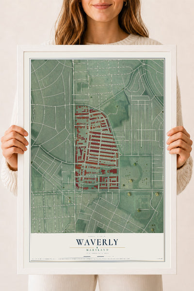 Map of Waverly, Maryland, 18 x 24 inch print in a white wood frame