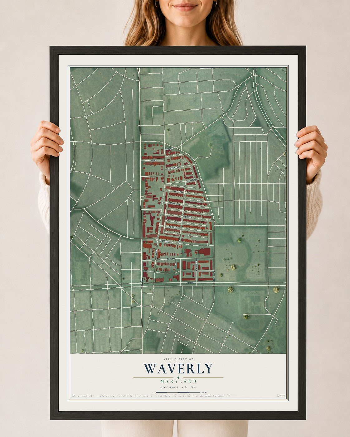 Map of Waverly, Maryland, 24 x 36 inch print in a black wood frame