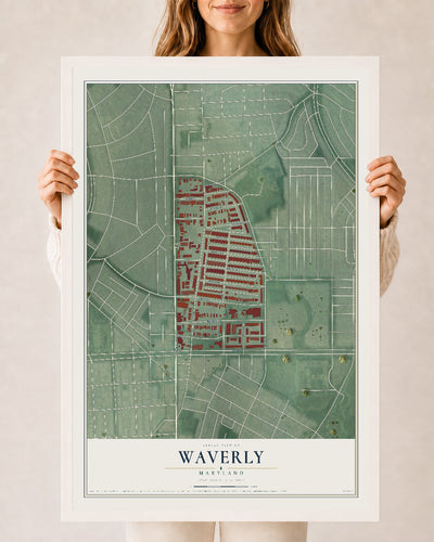 Map of Waverly, Maryland, 24 x 36 inch print in a white wood frame