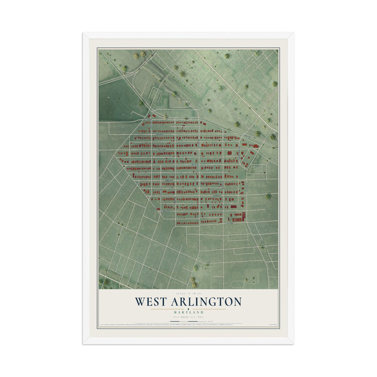Map of West Arlington, Maryland, 12 x 18 inch print in a white wood frame