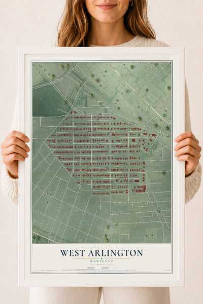 Map of West Arlington, Maryland, 18 x 24 inch print in a white wood frame
