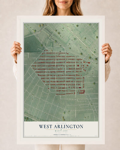 Map of West Arlington, Maryland, 24 x 36 inch print in a white wood frame