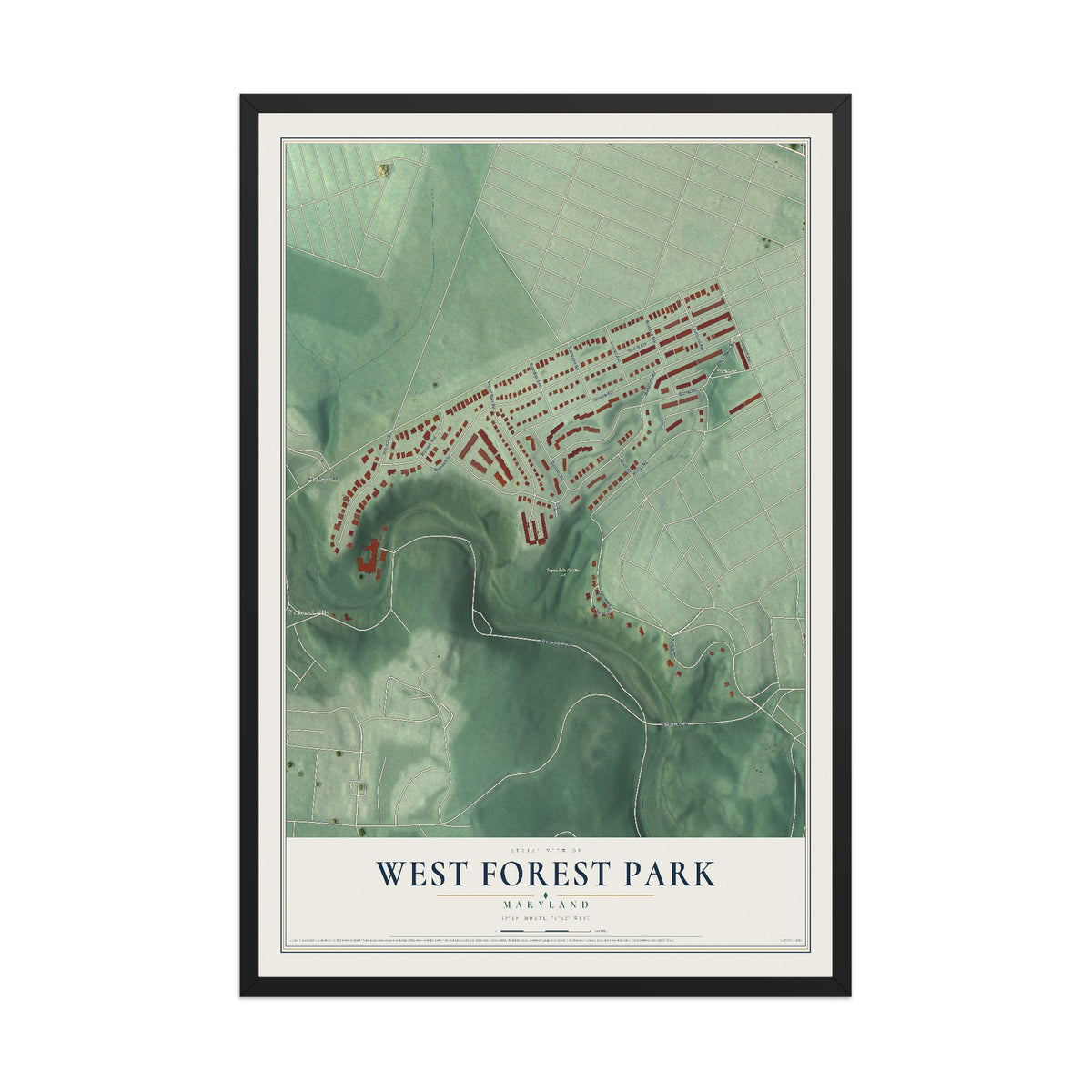 Map of West Forest Park, Maryland, 12 x 18 inch print in a black wood frame
