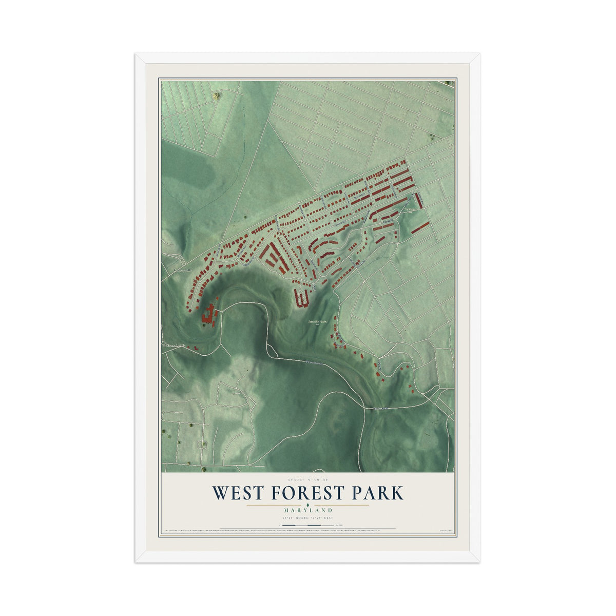 Map of West Forest Park, Maryland, 12 x 18 inch print in a white wood frame