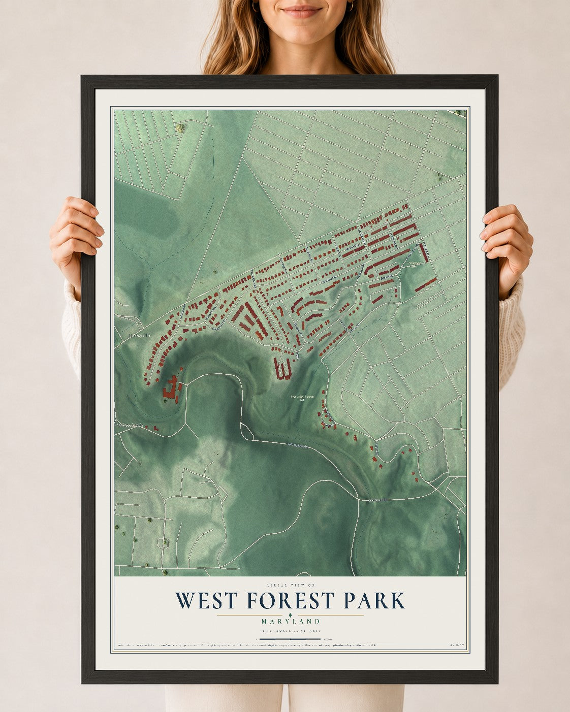 Map of West Forest Park, Maryland, 24 x 36 inch print in a black wood frame