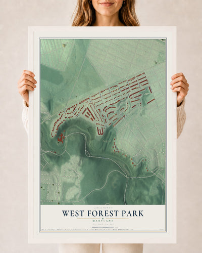 Map of West Forest Park, Maryland, 24 x 36 inch print in a white wood frame