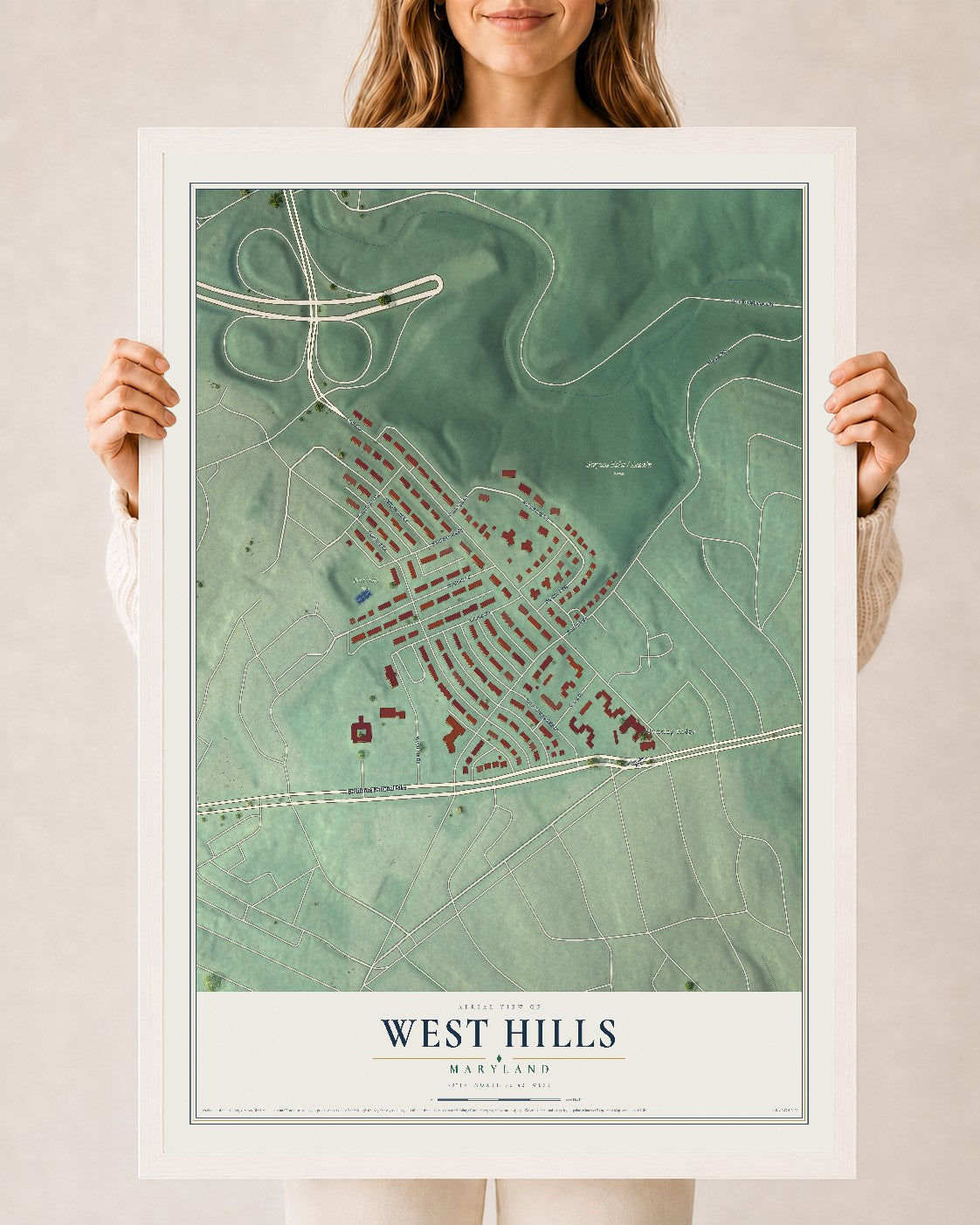 Map of West Hills, Maryland, 24 x 36 inch print in a white wood frame