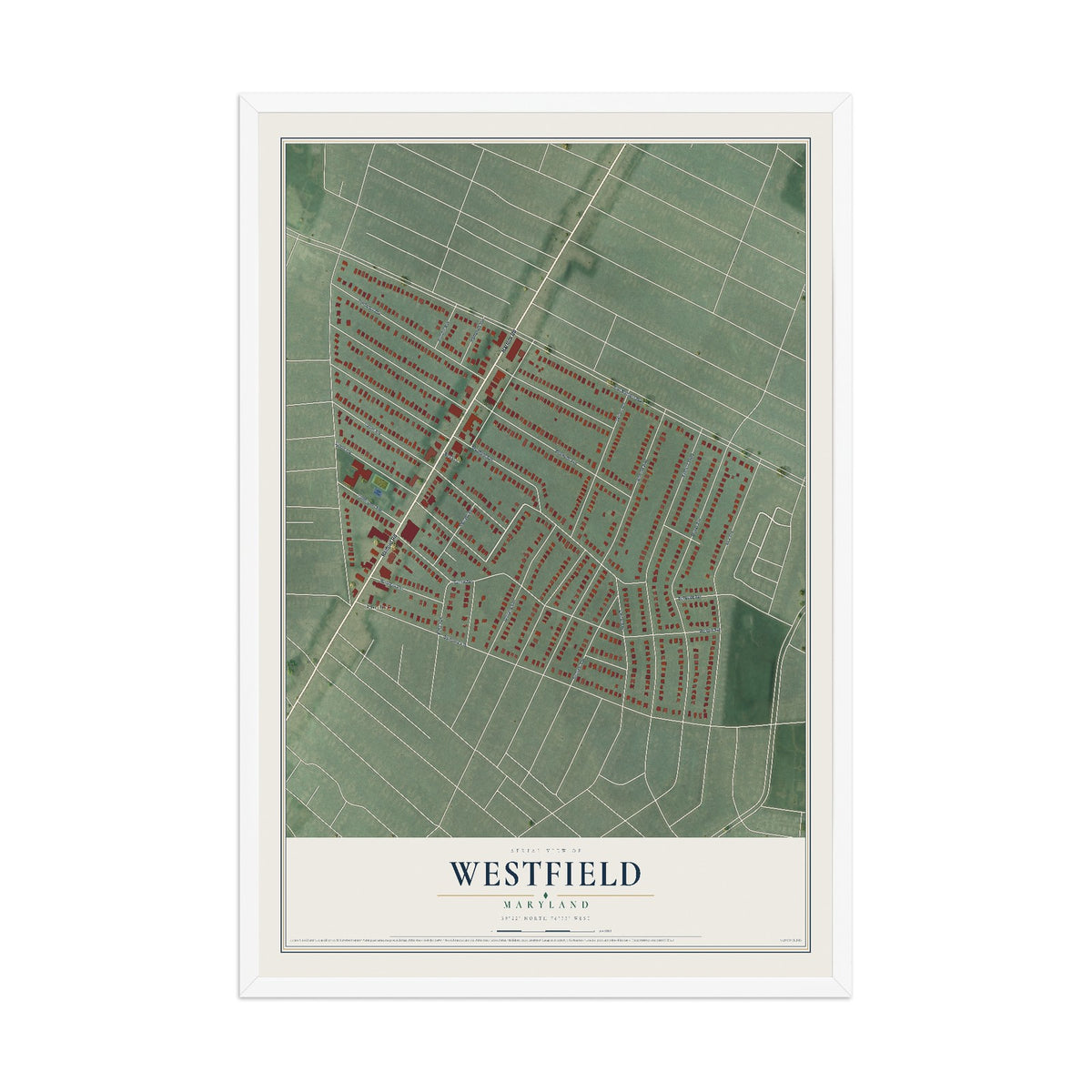 Map of Westfield, Maryland, 12 x 18 inch print in a white wood frame
