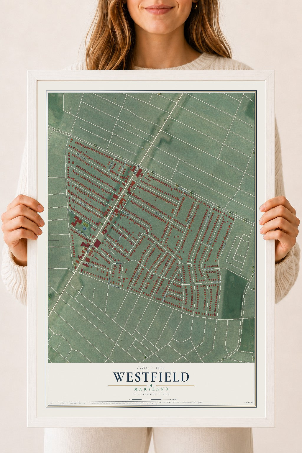 Map of Westfield, Maryland, 18 x 24 inch print in a white wood frame
