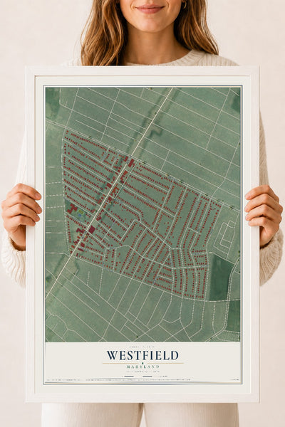 Map of Westfield, Maryland, 18 x 24 inch print in a white wood frame