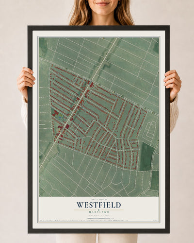 Map of Westfield, Maryland, 24 x 36 inch print in a black wood frame