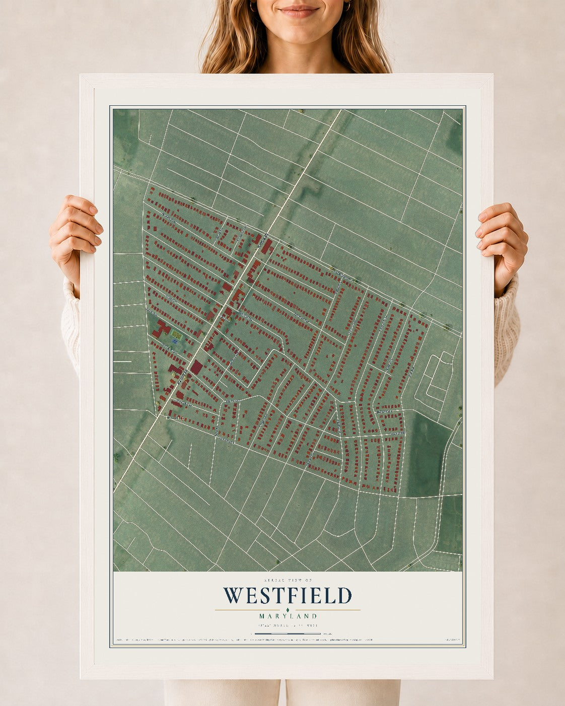 Map of Westfield, Maryland, 24 x 36 inch print in a white wood frame