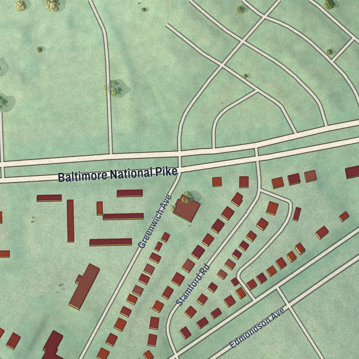 Close-up of the map of Westgate, Maryland print showing street and building detail