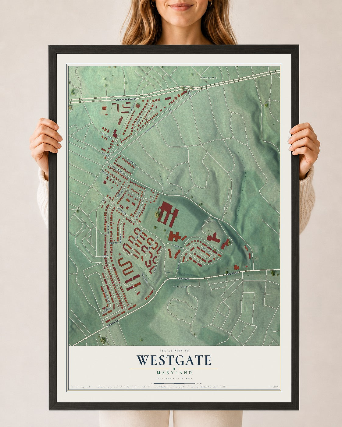 Map of Westgate, Maryland, 24 x 36 inch print in a black wood frame
