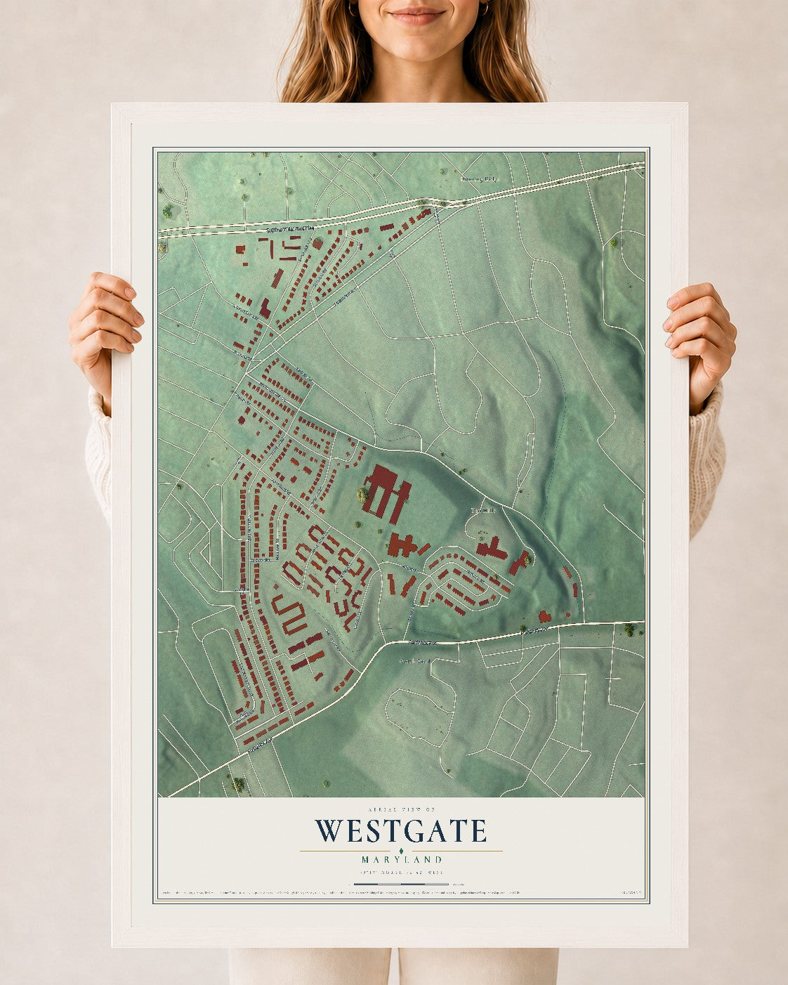 Map of Westgate, Maryland, 24 x 36 inch print in a white wood frame