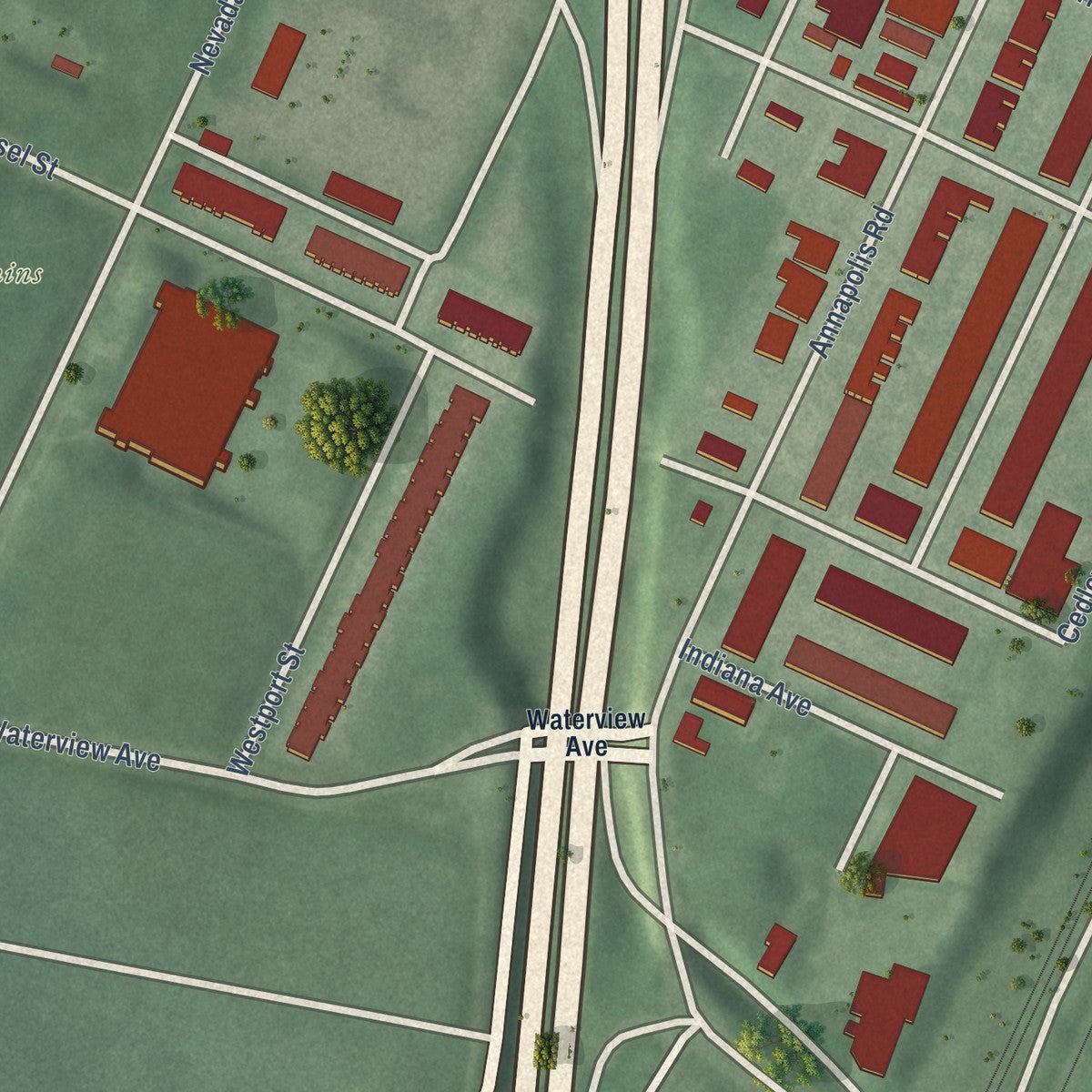 Second close-up of the map of Westport, Maryland print showing more streets and buildings