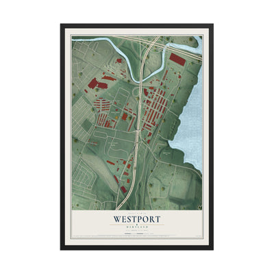 Map of Westport, Maryland, 12 x 18 inch print in a black wood frame