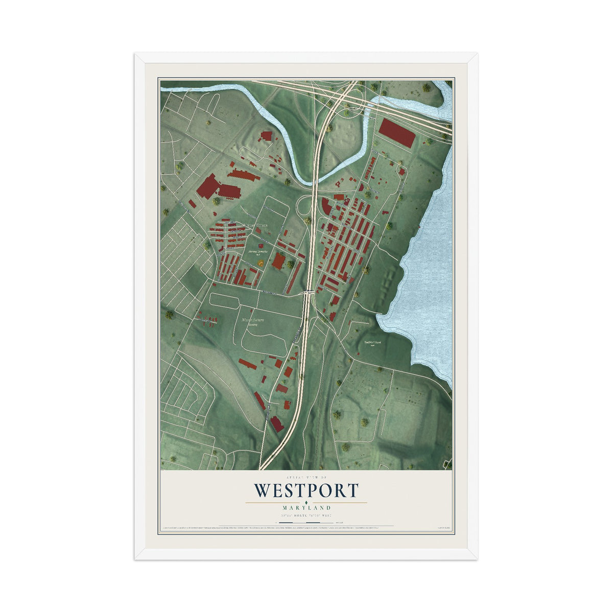Map of Westport, Maryland, 12 x 18 inch print in a white wood frame