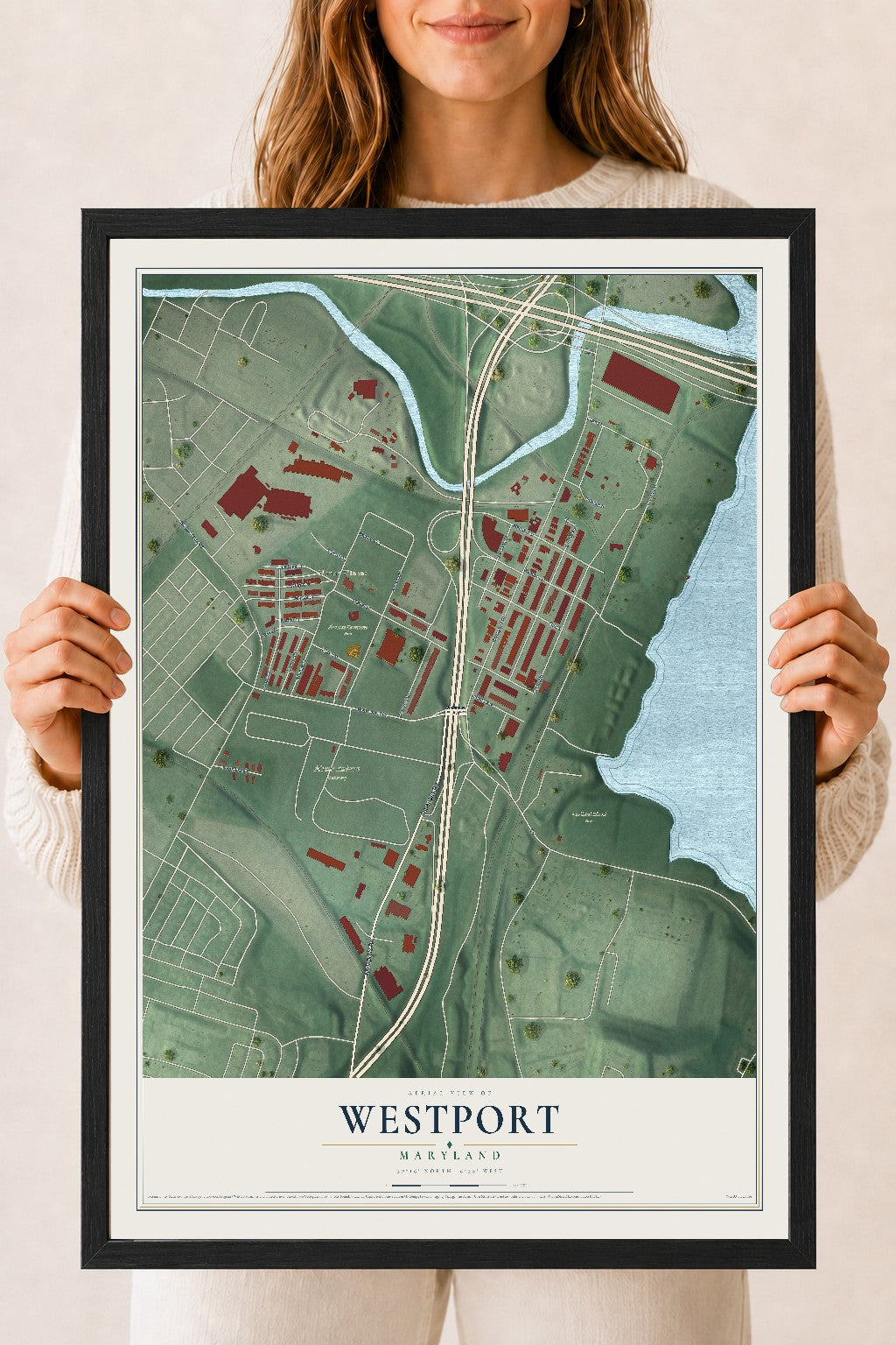 Map of Westport, Maryland, 18 x 24 inch print in a black wood frame