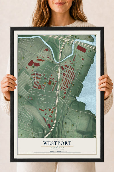 Map of Westport, Maryland, 18 x 24 inch print in a black wood frame