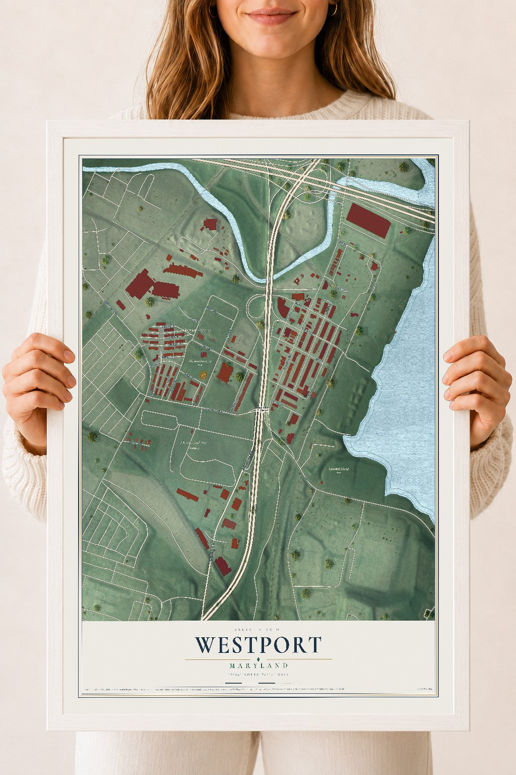 Map of Westport, Maryland, 18 x 24 inch print in a white wood frame