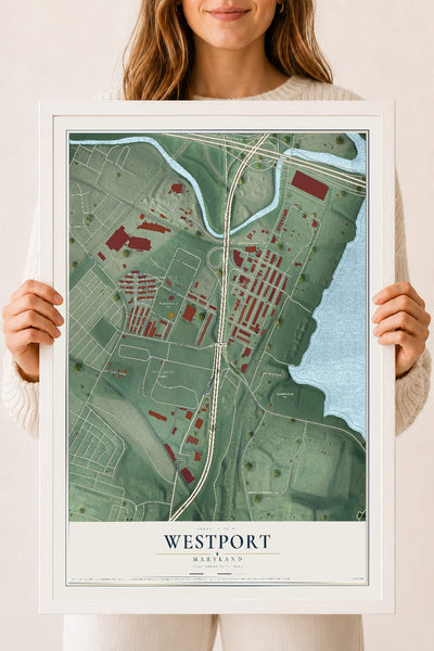 Map of Westport, Maryland, 18 x 24 inch print in a white wood frame
