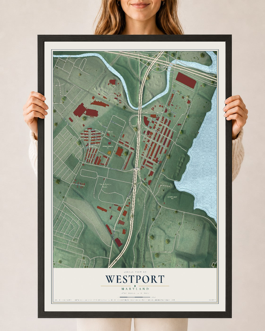 Map of Westport, Maryland, 24 x 36 inch print in a black wood frame
