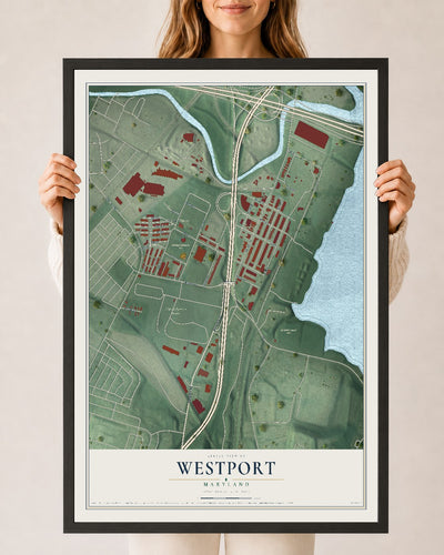 Map of Westport, Maryland, 24 x 36 inch print in a black wood frame