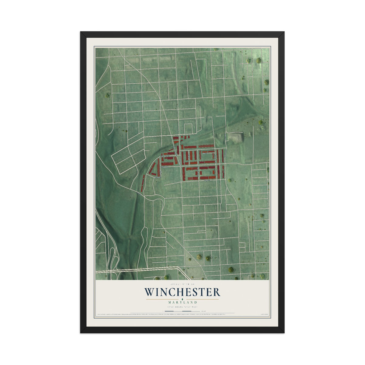 Map of Winchester, Maryland, 12 x 18 inch print in a black wood frame
