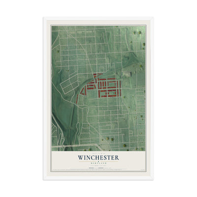 Map of Winchester, Maryland, 12 x 18 inch print in a white wood frame