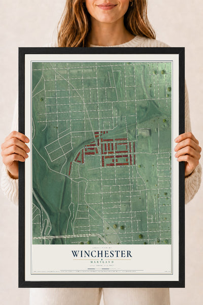 Map of Winchester, Maryland, 18 x 24 inch print in a black wood frame