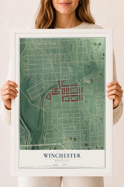 Map of Winchester, Maryland, 18 x 24 inch print in a white wood frame