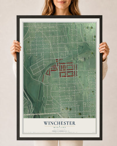 Map of Winchester, Maryland, 24 x 36 inch print in a black wood frame