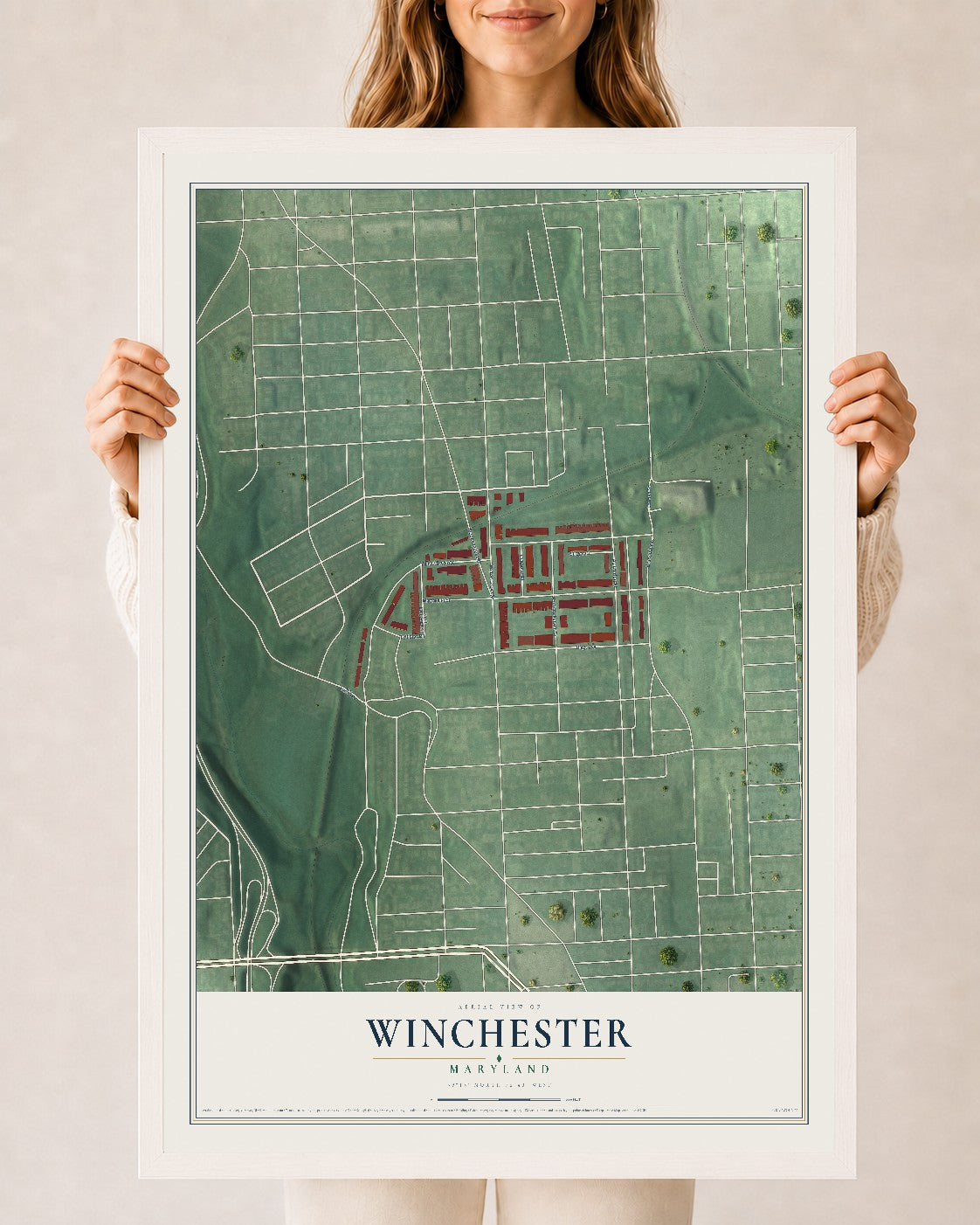 Map of Winchester, Maryland, 24 x 36 inch print in a white wood frame