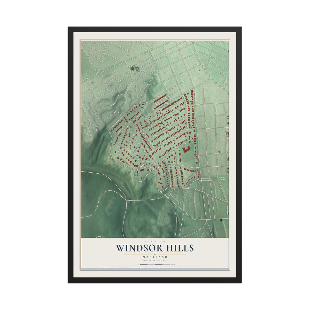 Map of Windsor Hills, Maryland, 12 x 18 inch print in a black wood frame