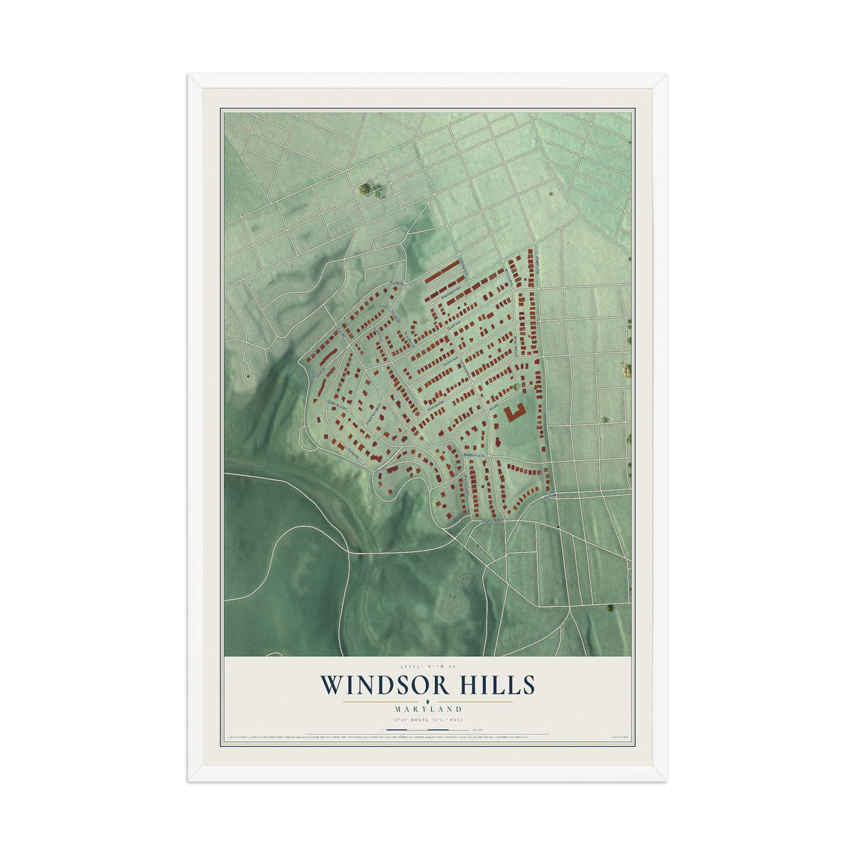 Map of Windsor Hills, Maryland, 12 x 18 inch print in a white wood frame