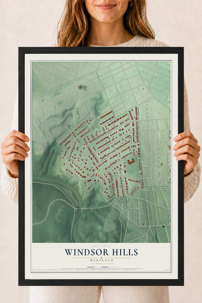 Map of Windsor Hills, Maryland, 18 x 24 inch print in a black wood frame