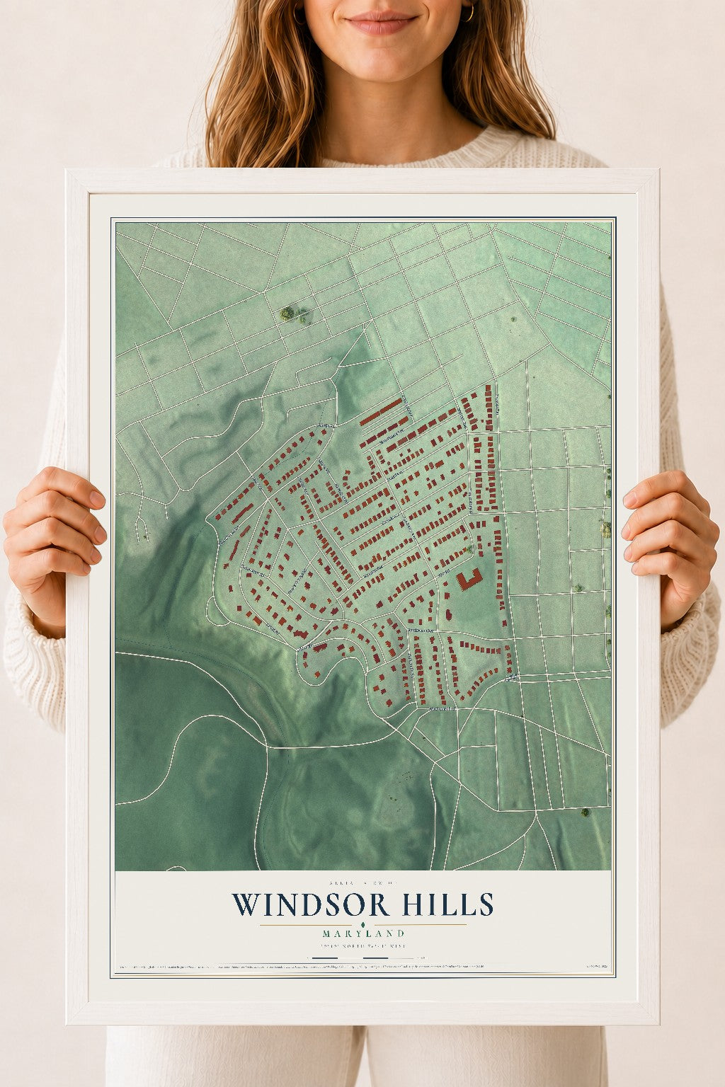 Map of Windsor Hills, Maryland, 18 x 24 inch print in a white wood frame