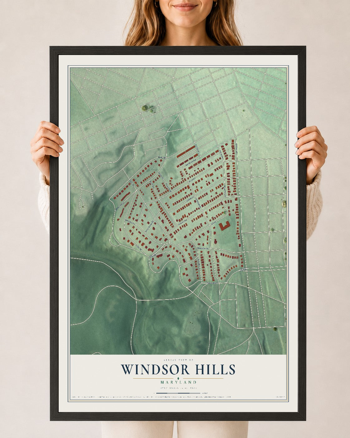 Map of Windsor Hills, Maryland, 24 x 36 inch print in a black wood frame