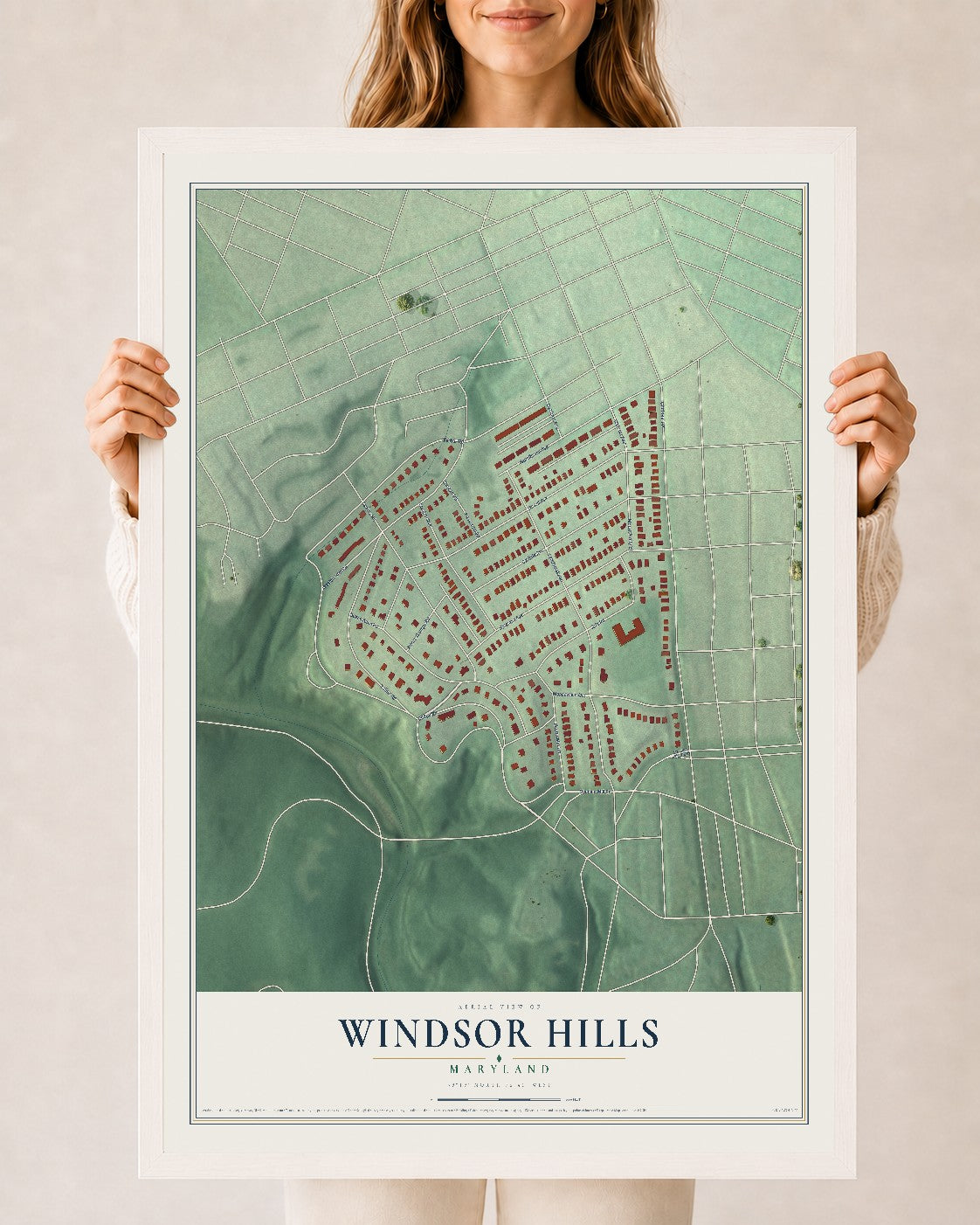 Map of Windsor Hills, Maryland, 24 x 36 inch print in a white wood frame