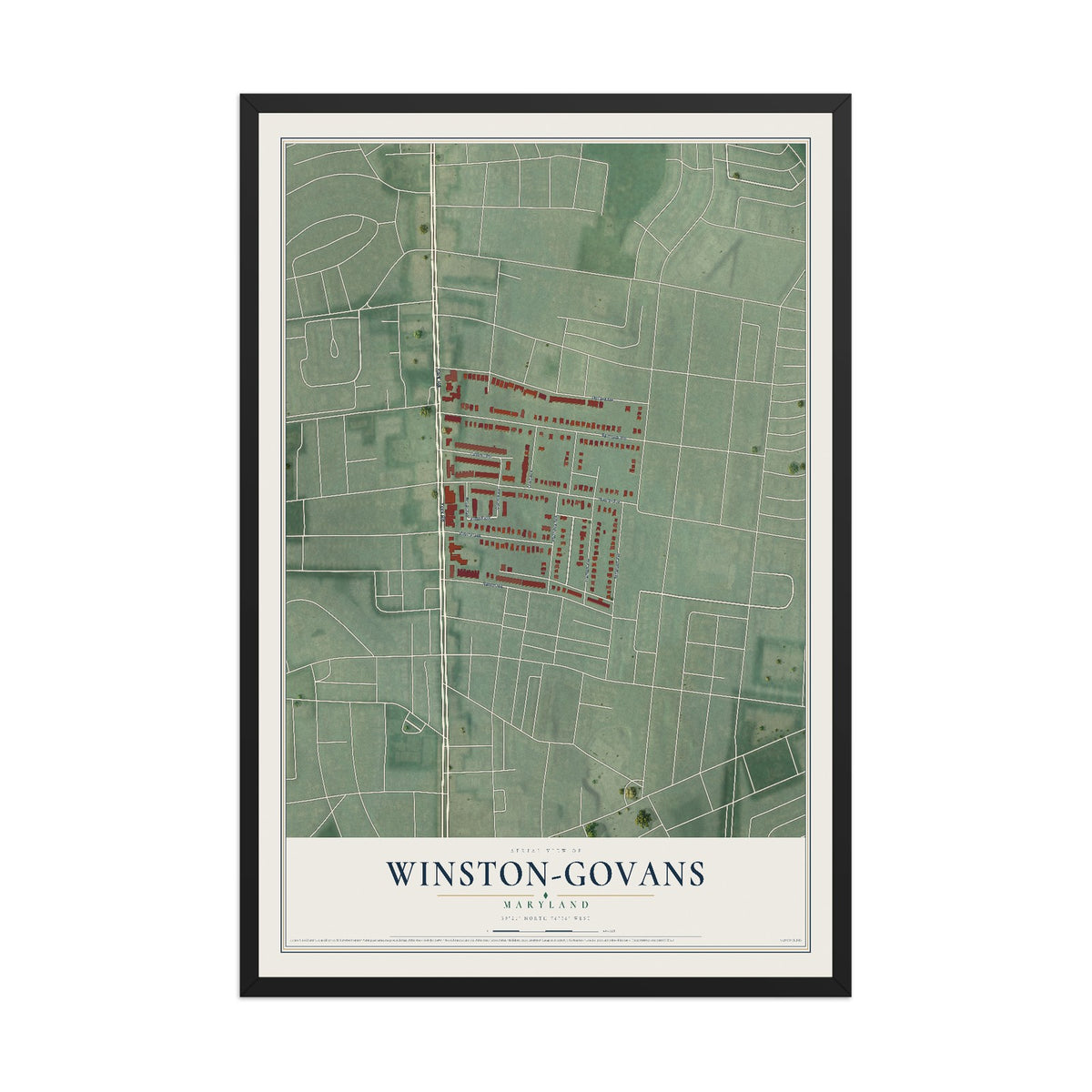 Map of Winston-Govans, Maryland, 12 x 18 inch print in a black wood frame