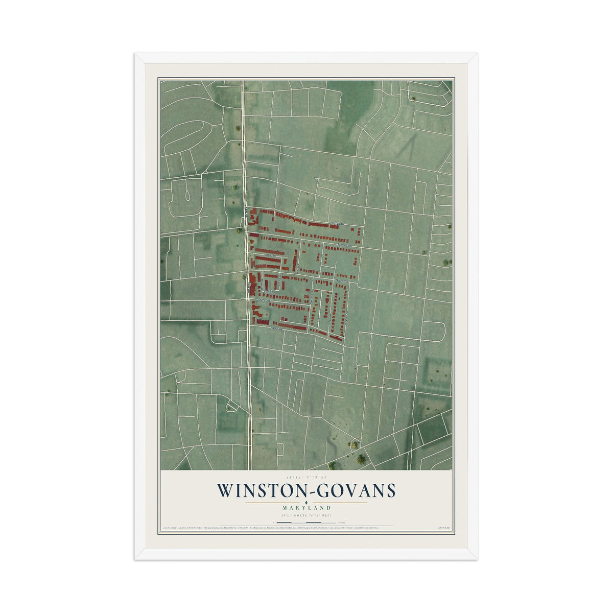 Map of Winston-Govans, Maryland, 12 x 18 inch print in a white wood frame