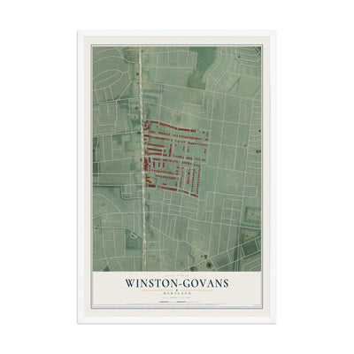 Map of Winston-Govans, Maryland, 12 x 18 inch print in a white wood frame