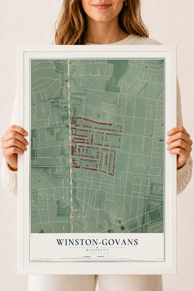 Map of Winston-Govans, Maryland, 18 x 24 inch print in a white wood frame