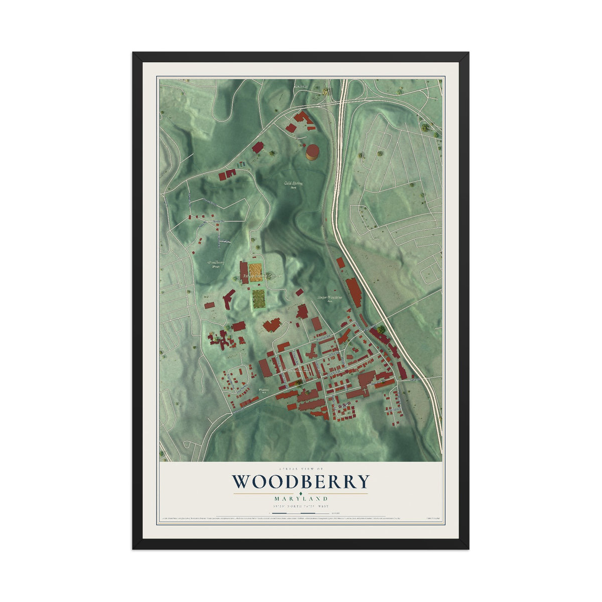 Map of Woodberry, Maryland, 12 x 18 inch print in a black wood frame