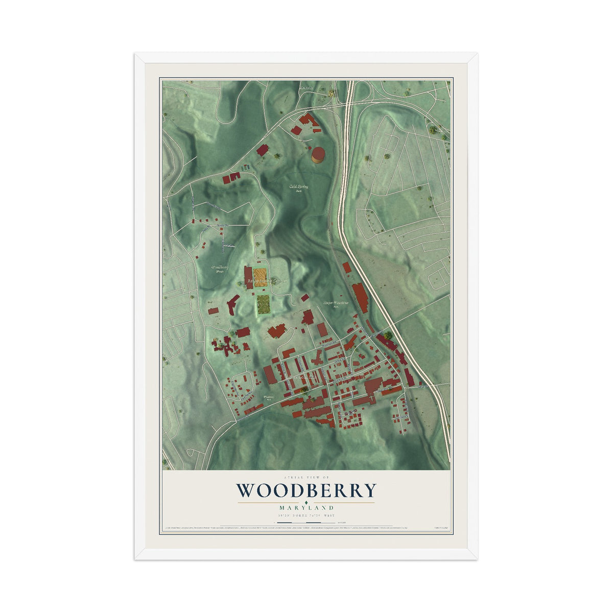 Map of Woodberry, Maryland, 12 x 18 inch print in a white wood frame